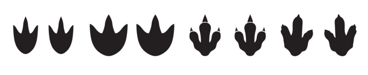 Black Silhouette Set of Raptor Dinosaur or Bird Claw Footprints in Various Styles and Shapes Isolated Animal footprints silhouette vector set, dinosaur, paw, and hoof tracks, vector illustration. © Asia