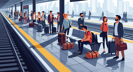 Diverse commuters waiting for train at modern urban station, travel concept © Irman