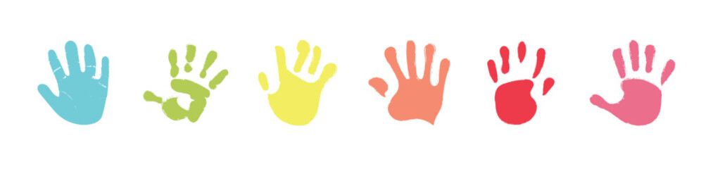 Fototapeta premium Multicoloure prints of hands on a white background. Colored children's handprint. Bright handprints. Symbol of friendliness. Hand paint print set for holy and for more isolated, vector illustration.