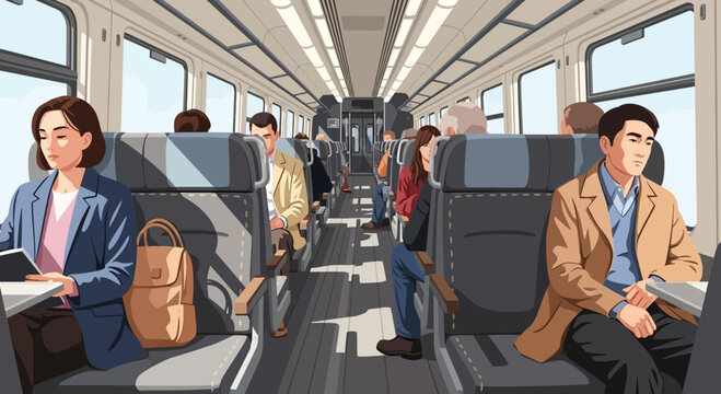 Passengers traveling inside a modern train carriage with natural light