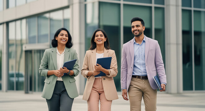 Diverse Business Professionals Smiling and Walking Confidently in Urban Setting