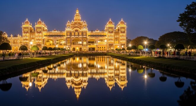 Mysore Palace illuminated at night with stunning reflection in water.