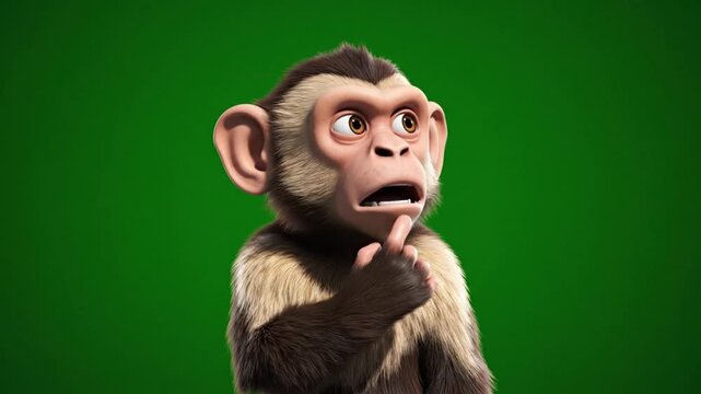 Thinking Cute Monkey Cartoon Character on Green Screen