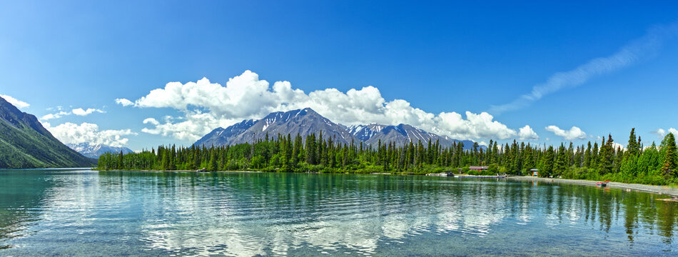 Panoramic view of a bright summer day at Kathleen lake, YT, Kluane National Park, Canada