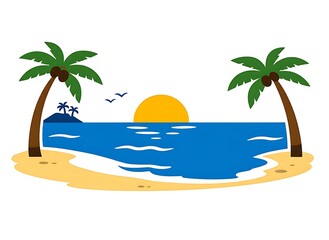 Obraz premium Vibrant Tropical Beach with Palm Trees Ocean and a Setting Sun
