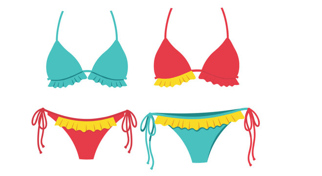 Two different styles of colorful bikinis featuring ruffles and string ties for a fun day at the beach or pool.