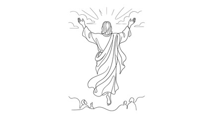 Naklejka premium Elegant minimalist line art illustration of Jesus Christ ascending to heaven with raised arms and flowing robe. Clean and modern religious design