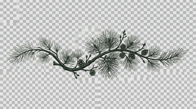 A minimalist vector illustration of a pine tree branch with pinecones and needles on a transparent background