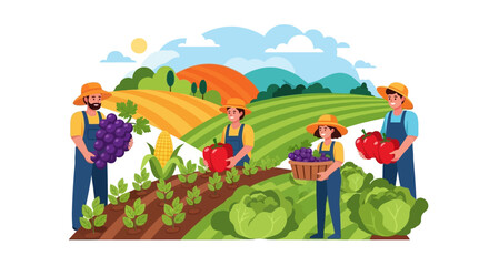 Obraz premium Illustrated scene depicting farmworkers celebrating Cesar Chavez Day, showcasing a group of people harvesting crops like grapes and tomatoes in a vibrant, colorful field, set