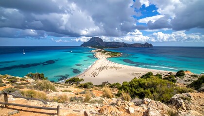 Fototapeta premium A serene coastal landscape with a sandy beach and turquoise waters