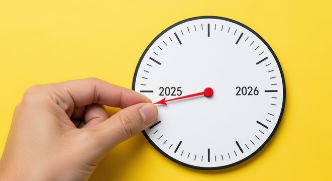 A hand adjusting a clock to transition from 2025 to 2026