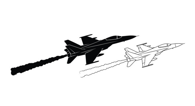 Silhouette of a fighter jet in flight leaving a smoke trail