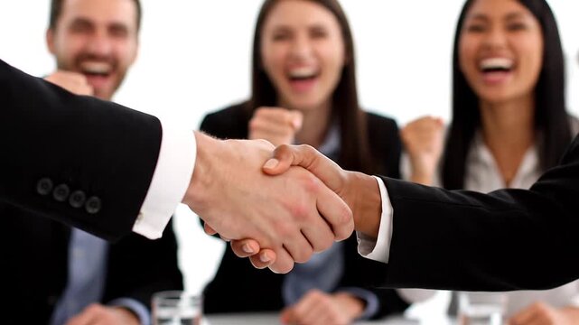 Two business partners firmly shake hands, symbolizing a successful agreement or new deal, with their excited team celebrating a positive outcome and collaboration in the background