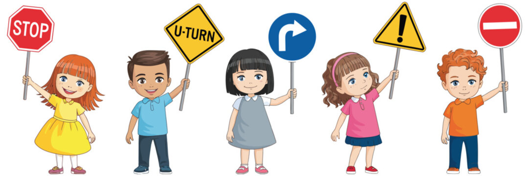 Happy Children Holding Traffic Signs, Road Safety Education Concept with Stop, Warning, No Entry and Direction Symbols, Kids Learning Traffic Rules, Colorful Vector Illustration