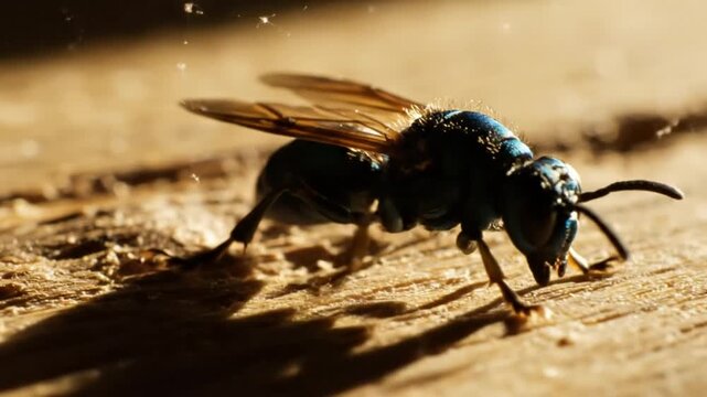 Close-up of a vibrant, iridescent blue mason bee on wooden surface, captured in natural sunlight with detailed insect anatomy