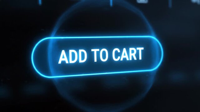 Glowing blue 'Add to Cart' button highlighting the digital purchasing process, symbolizing immediate online shopping action and e-commerce interaction on a futuristic display