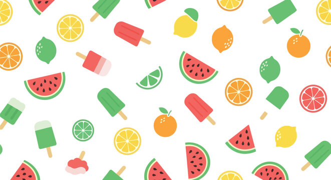 Summer fruit and popsicle seamless vector pattern with watermelon, lemon, orange, lime on white
