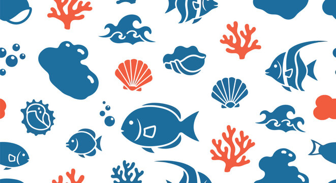 Seamless marine life vector pattern with fish, coral, shells, and ocean elements in blue and red
