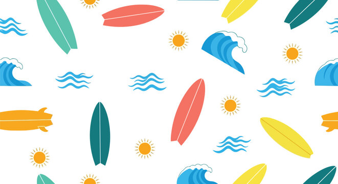 Summer surfboard vector pattern with waves and sun seamless beach background