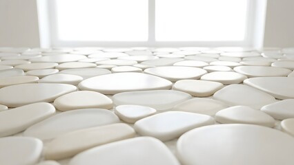 Fototapeta premium A close up view of a textured surface made of smooth white rounded pebble like shapes with a bright blurred background