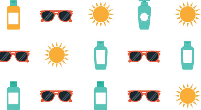 Summer vector pattern with sunglasses, sunscreen bottles, and sun icons on white background