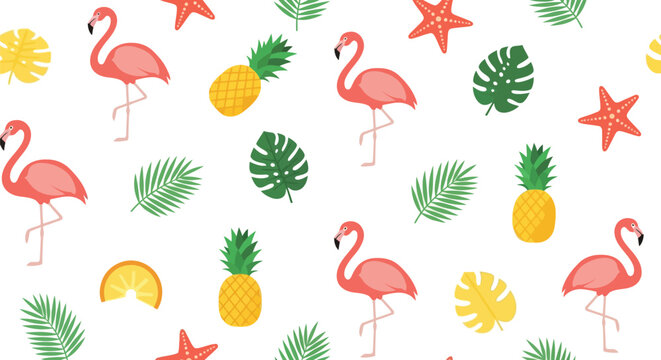 Tropical flamingo vector pattern with pineapples, palm leaves, and summer elements seamless
