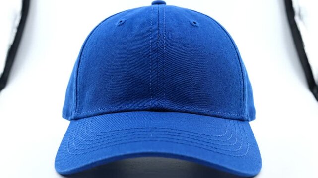 Front view of a vibrant blue baseball cap showcasing the details of its design and stitching