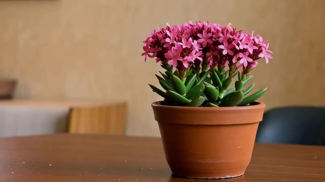 Potted pink Kalanchoe blossfeldiana plant with green succulent leaves in a terracotta clay pot sitting on a brown wooden desk indoors with a blurred neutral background.