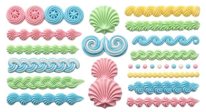Pastel whipped cream borders and frosting swirls, decorative cake icing elements in shell and wave shapes, colorful buttercream piping set on white