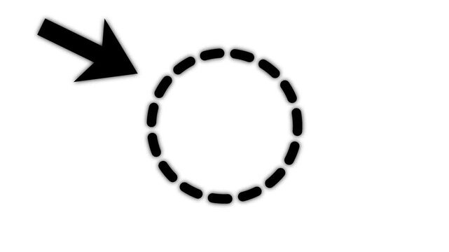 Animated highlight arrow pointing to dash black circle rotate on white background.