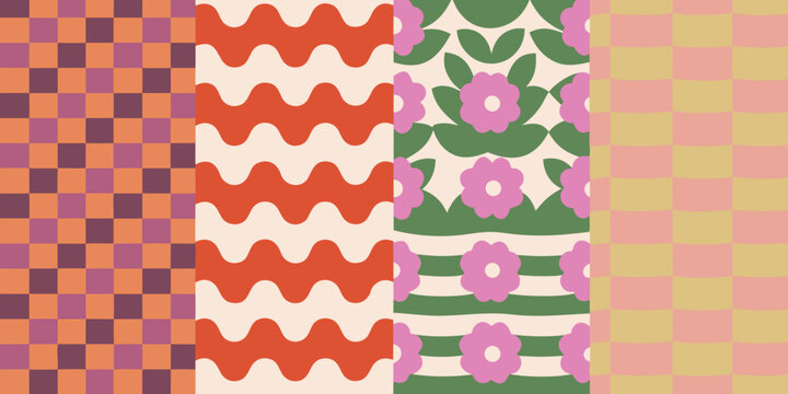 Four vibrant patterned columns with geometric and floral motifs