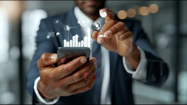 Businessman in formal attire interacts with smartphone displaying digital graphs and icons, showcasing data analysis in a modern office environment