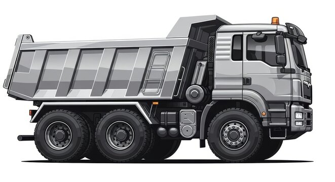 Heavy-duty silver dump truck, industrial tipper vehicle for construction and mining, modern commercial dumper truck isolated on white background