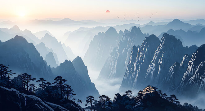 A pixelated image of a mountain range with trees