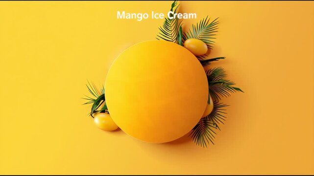 Bright yellow mango ice cream surrounded by fresh mangoes and green palm leaves on a vibrant yellow background, creating a tropical dessert scene