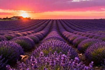 Fototapeta premium Lavender Fields Under Vibrant Summer Sunset Sky With Rows Of Purple Flowers high resolution commercial stock image variation 57 siyam