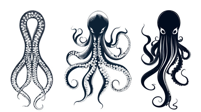 Three stylized, dark blue octopus illustrations, varying in posture and detail, against a white background