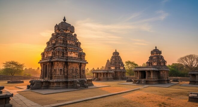 Pattadakal Temple Complex at Sunrise in Karnataka India.