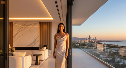 Obraz premium Elegant Woman in Luxury Penthouse with Stunning Sunset City View