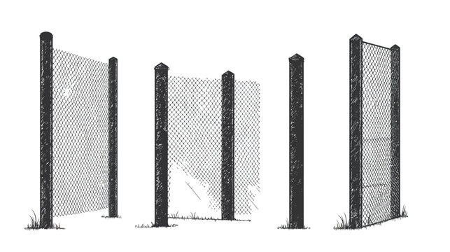 An illustrative black and white drawing depicts a section of chain link fence held up by posts