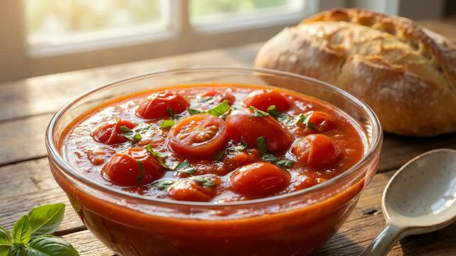 fresh ripe tomatoes simmered in rich red tomato sauce, on a rustic kitchen setting with wooden table orbit