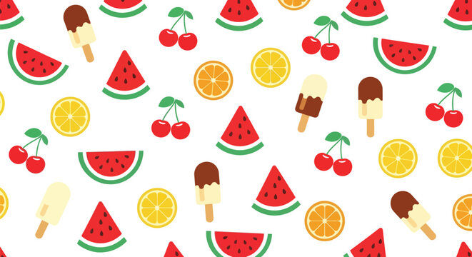 Summer fruit and ice cream seamless vector pattern with watermelon, orange, cherry on white