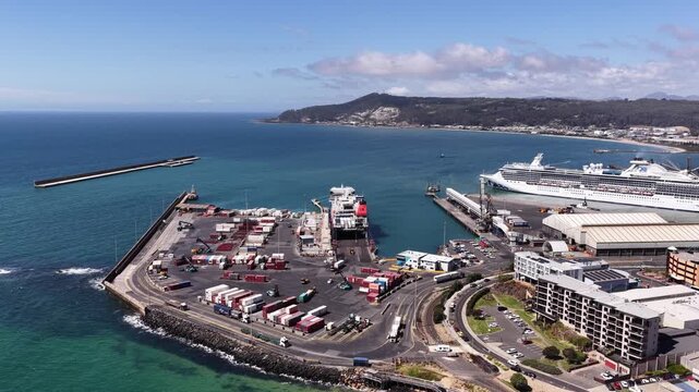 Port harbour and bay at Burnie city of Tasmania &ndash; aerial cityscape view in Australia.