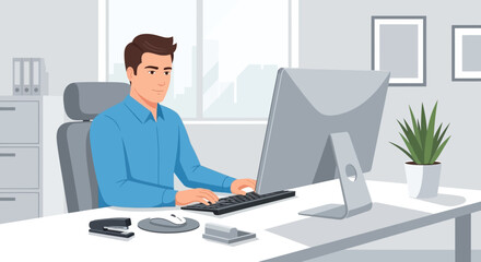 Naklejka premium Man working on computer at office desk.