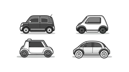 Naklejka premium Four stylized grayscale car illustrations, each from a different angle, set against a white backdrop