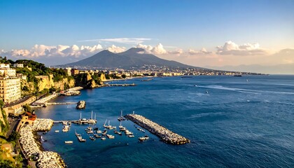 Obraz premium A serene coastal town with a majestic mountain in the background