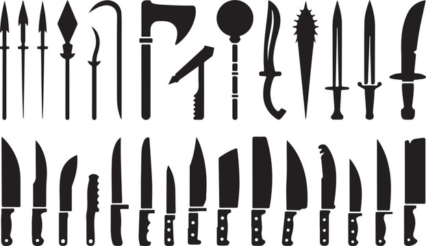 Collection of ancient medieval weapons silhouettes and sharp blades on transparent background