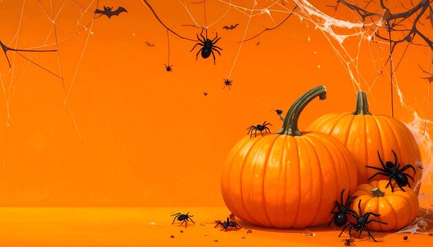 A Halloween scene with two pumpkins and spiders on orange background