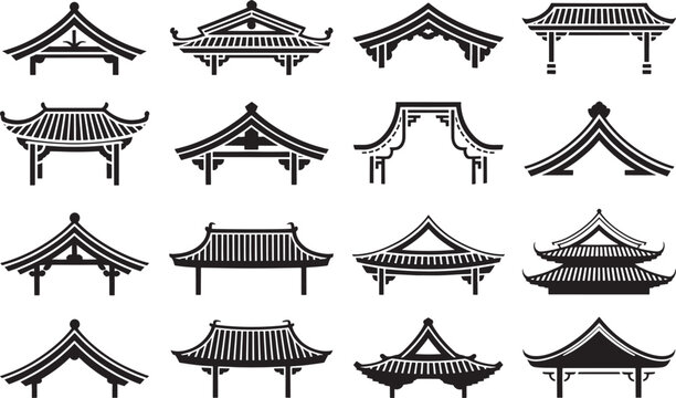 Chinese roof silhouette collection with traditional oriental architecture and asian pagoda elements