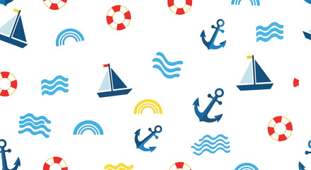 Nautical seamless vector pattern with anchors, sailboats, lifebuoys and waves on white background © azad